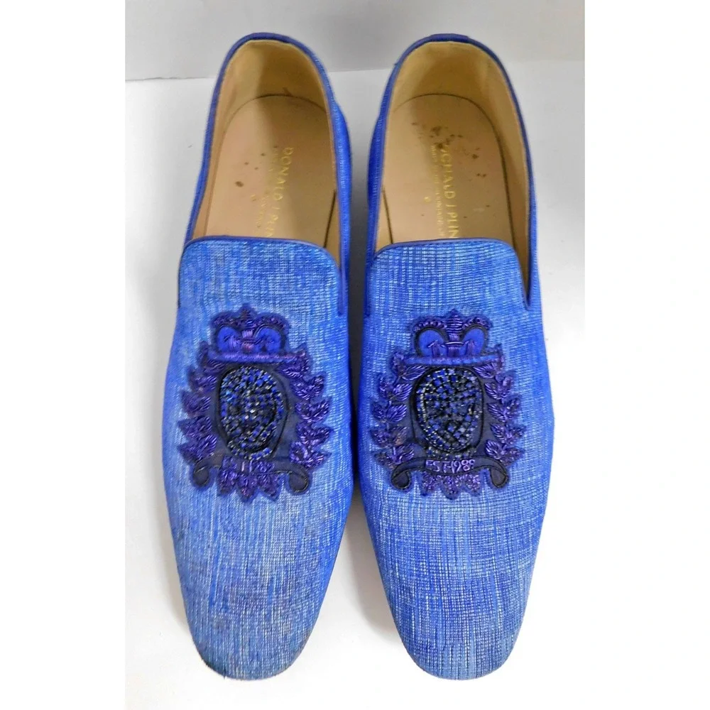 Donald J Pliner PAZANOSP Embellished Crest Linen Loafer, Blue $525rt sz 9.5M‎
